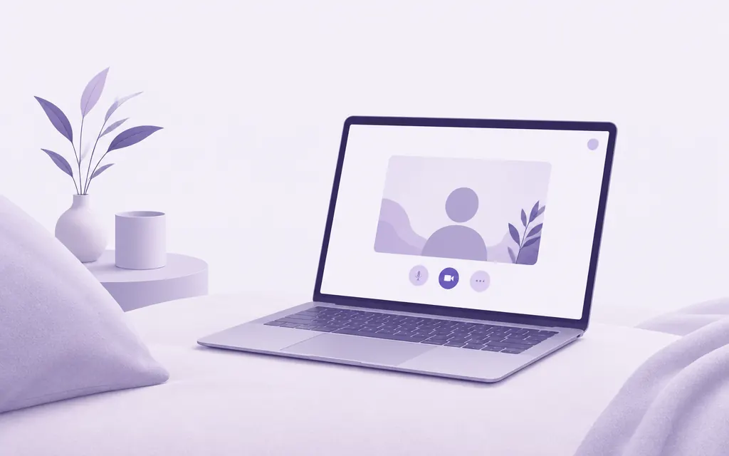 Notebook com sessão por vídeo em ambiente acolhedor
